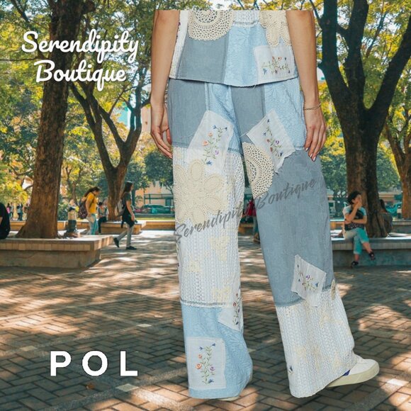 POL Lace & Patchwork Denim Gauze Super Baggy Flare Wide Leg Boho Pants - Picture 7 of 11